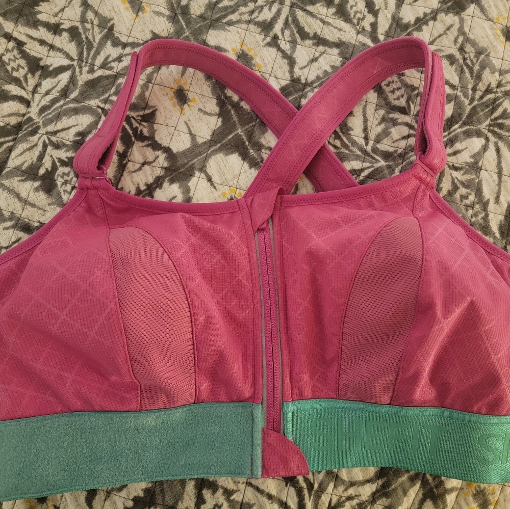 Women’s Front-Zip Sports Bra in Pink with Green Band